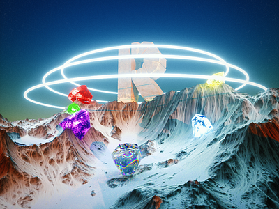 R of Rock 3d c4d cgi gemstone light material mesh model mountain mountains neon octane octanerender rock sky