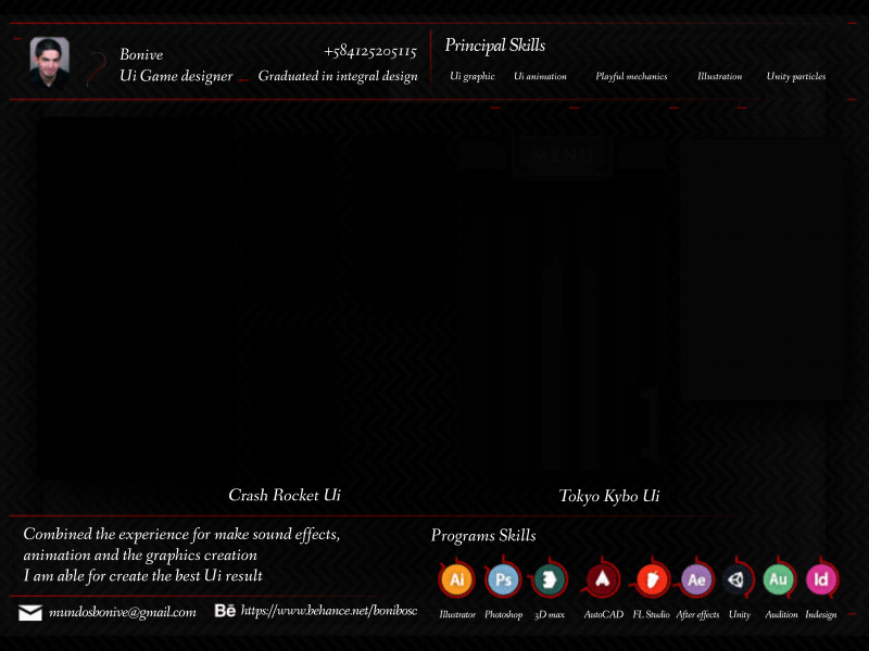Bonive Ui videogame animate CV animation app curriculum cv design game game app game ui grapics panel ui ui ux design videogames
