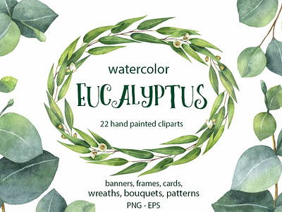 Watercolor Eucalyptus. background banners branch design eucalyptus floral flowers frame frames graphic design illustration leaf leaves nature vector watercolor watercolor eucalyptus watercolor floral watercolor flowers wreath