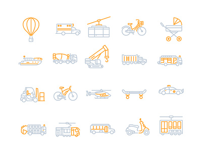 Transportation Icons Set aerial tramway airplance ambulance baby carriage balloon bicycle boat cement mixer crane dump truck fire engine forklift helicopter maountain bike police car recycling truck school bus scooter skateboard transportation