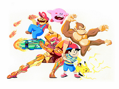 SMASH donkey kong hand drawn illustration kirby mario marker ness nintendo pikachu posca super smash bros. video games