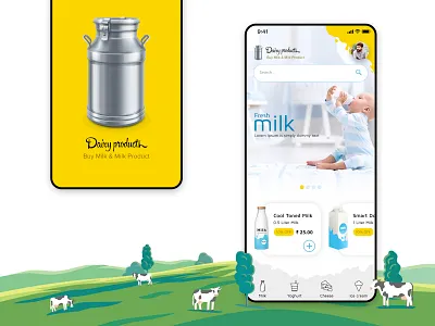 Milk and Milk Product Online Purchase app design cheese cow food ice cream interaction design iphone iphone app milk simple design ui ux yellow yoghurt