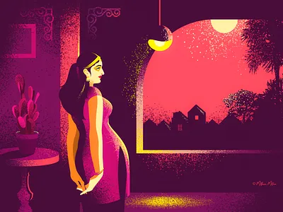 The Lonesome! art beauty design female illustration moonlit night red vivid