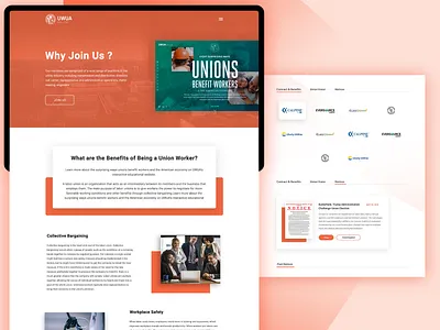 UWUA - Union Web Pages company logo style content design homepage labour landing page orange tablet ui union union web template web web design why join us