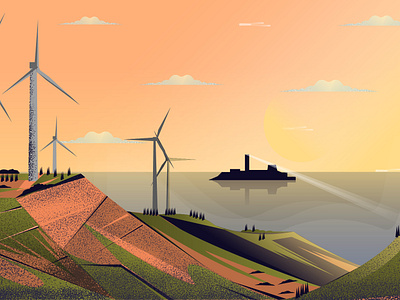 Wind Turbin afternoon desain design flat flatdesign green illustration landscape mountain nature ocean orange sea turbin turbine vector windturbin