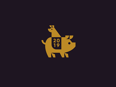 Happy 2019! animal brand identity dog farm flat geometric gold icon illustration logo new year pig