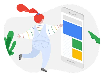 Ad surfing ads characters device grain illustration mobile primary colours simple woman