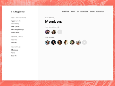 LeadingSalons - Member Settings account creation configuration daily dashboard dashboard design dashboard flat design dashboard ui design member settings settings team team settings user interface