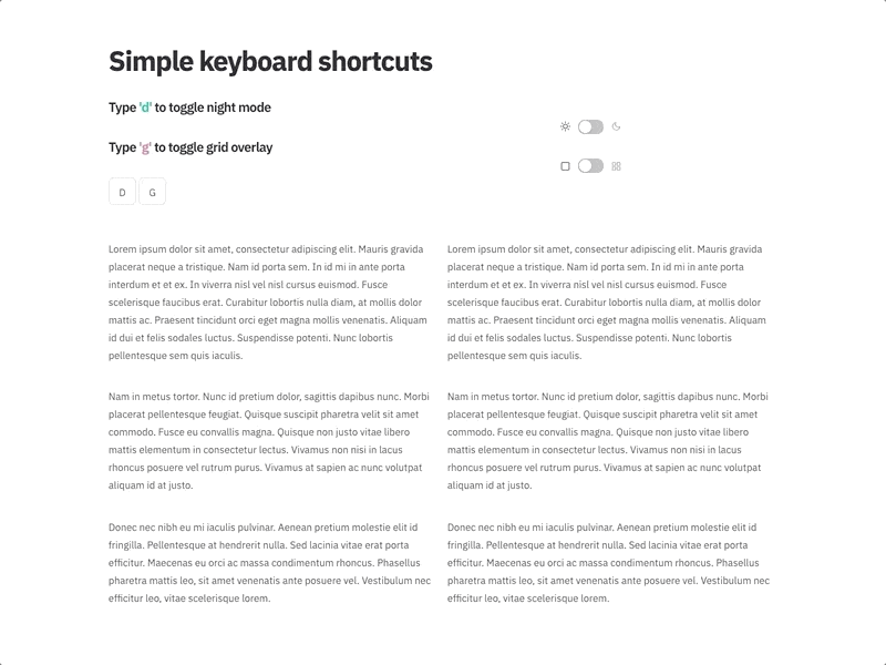 Keyboard shortcuts for night mode and grid toggle dark mode grid night mode overlay portfolio toggle ui ux