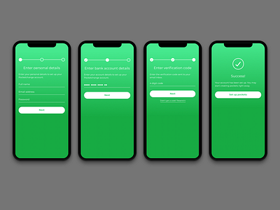 Pocketchange Account Setup Screens account setup gradient green icon design interaction design login pocketchange product design signup success ui ui ux design