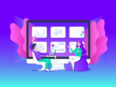 Brainstorming character colorful computer desktop gradient illustration productive team teamwork ui vector work