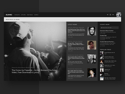 Zumic black black white clean events homepage music tickets ui userinterface ux ux design webdesign website