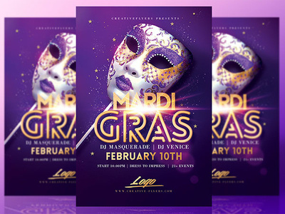 Mardi Gras Flyer Template carnival carnival party flyer flyer design flyer template gold graphic design illustration mardi gras mardi gras flyer template mask masquerade party flyer photoshop print printable psd psd flyer venice