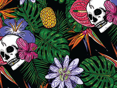 Tiki at the Tavern Pattern cocktail cocktail bar flowers graphic illustraion pattern skulls surf tiki tropical