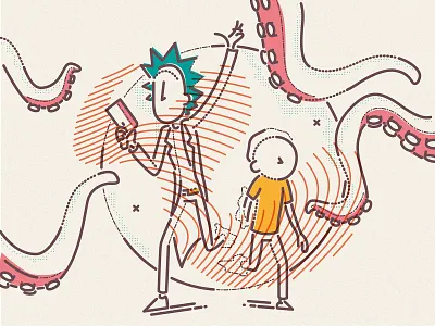 Exploring new worlds adventure brand cartoon humour illustration james oconnell linear lines minimal rick and morty sci fi thumbprint