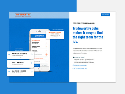 Tradeworthy Jobs Marketing Website app blue business concept construction construction company hiring interactive iphone jobs managers mobile first orange