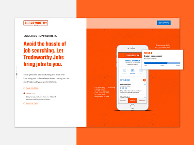 Tradeworthy Jobs Marketing Website app concept construction construction logo iphone jobs orange phone phone app rating resume workers
