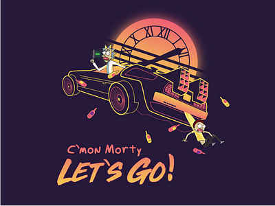 C'mon Morty Let's Go! back to the future delorean design illustration morty retrowave rick and morty rick sanchez vaporwave vector