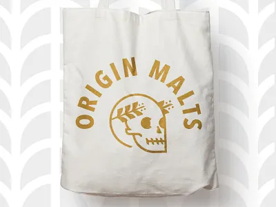 Origin Malts Unused Concept brand brewery farming gold grey logo malting midwest skull swag tote wheat