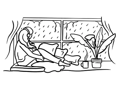 Rainy day cat chill coffee bar cold design energy girl character home hot dog illustration line art meditate meditation rain relax snow snow flakes tea logo window winter sports