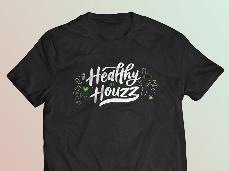 Healthy at Houzz corporate fitness icons lettering logo swag t shirt vector