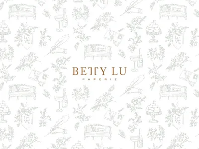 Betty Lu Paperie branding champagne donuts feminine hand crafted icon iconography identity illustration logo logotype pattern seamless pattern sofa sophisticated logo