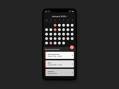Dark Calendar • Concept App • Day 038 app branding creative dailyinspiration dailyui design digitaldesign flat inspiration interface minimal mobile mobiledesign prototype ui userexperience ux uxui vector web
