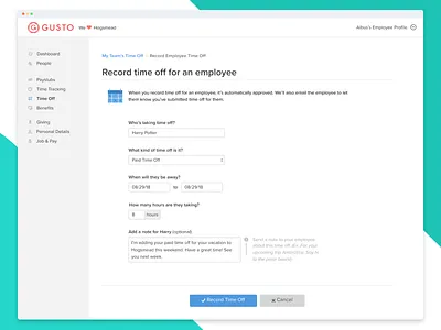 Record time off for an employee! app hr software product design ui ui dashboard ux ui design web