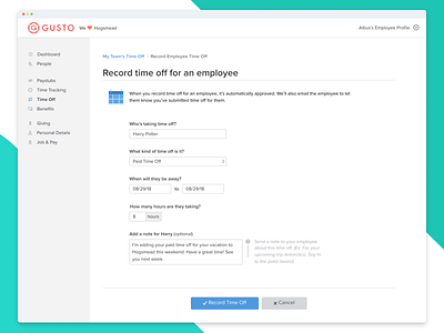 Record time off for an employee! app hr software product design ui ui dashboard ux ui design web