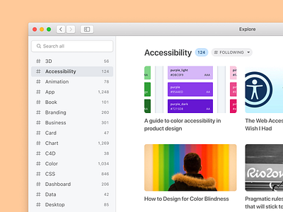 🎇 Explore Content app clean curation design desktop education hashtag knowledge learning mac macos minimal search simple tags typography ui ux