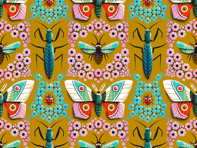 Where there are flowers bee bug flower illustration insect lady bug moth pattern praying mantis