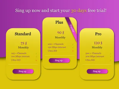 Daily UI #030 - Pricing affinity designer channels daily 030 daily 100 challenge daily 30 daily ui free trial monthly monthly package package pay payment price purple sing up tag tv tv shows ui design yellow