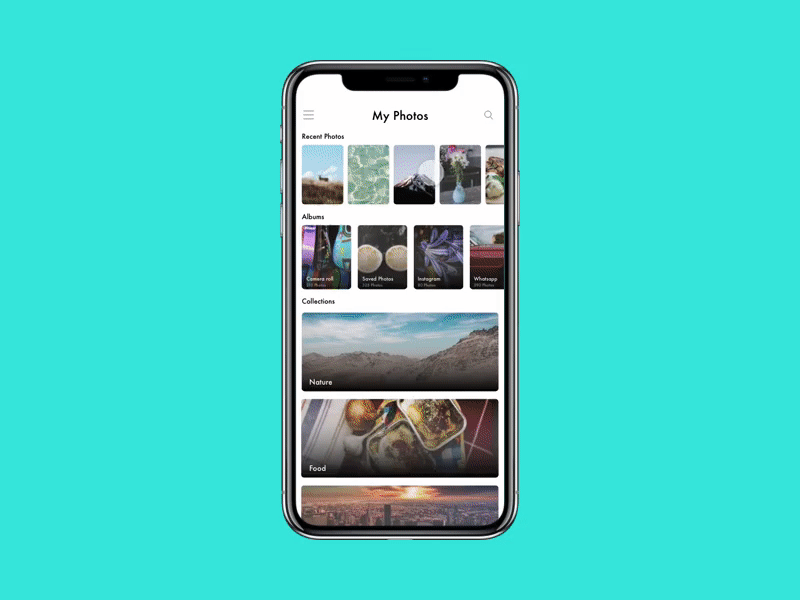 Photo Album App Interaction adobe xd animation dribbble gallery gif interaction interaction design iphone x photo app photo book photo library ui ui concept ux