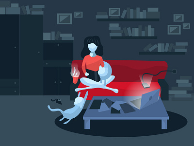 Reading night art book cat clean illustration nigh red room simple vector