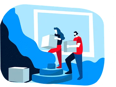 Moving art blue box character characters clothes color design dribbble graphic illustration man moving red steps up vector woman
