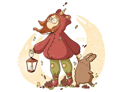 Girl with a rabbit in a unicorn costume 2d 2d vector adobe illustrator cartoon character characterdesign cozy cute doodle girl hannahdoodle monster rabbit vector