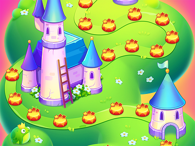 LingoLand Map app castle casual casual game crown flowers frog game grass green illustration map match 3 pin pink princess road stairs