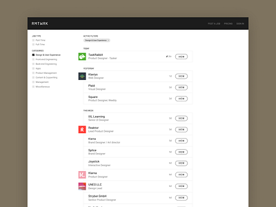 RMTWRK - Job Board app board brand branding clean design filter filters flat index list listing logos post posting profile simple tag tags ui