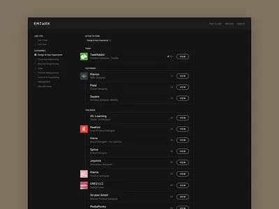 RMTWRK - Job Board (Dark) app branding clean dark design filter filters flat home index list listing post posting profile simple tag tags theme ui