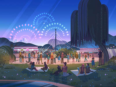 Night fest dog family festival fireworks fun illustration landscape nature park people street food