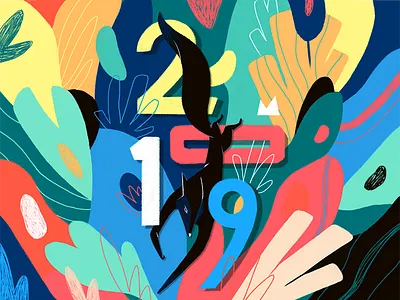 Happy New Year 2019 color blocks colorful design digitalillustration fox happy new year illustration newyear organic photoshop plants typography