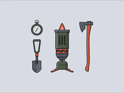 Camping Gear 2 adventure adventuring axe boiler burner camping camping gear compass icons illustration line illustration shovel