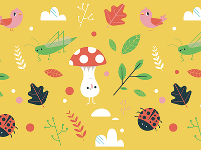 A day at the park animals bird character design illustration ladybug leaves mushroom nature park pattern woods