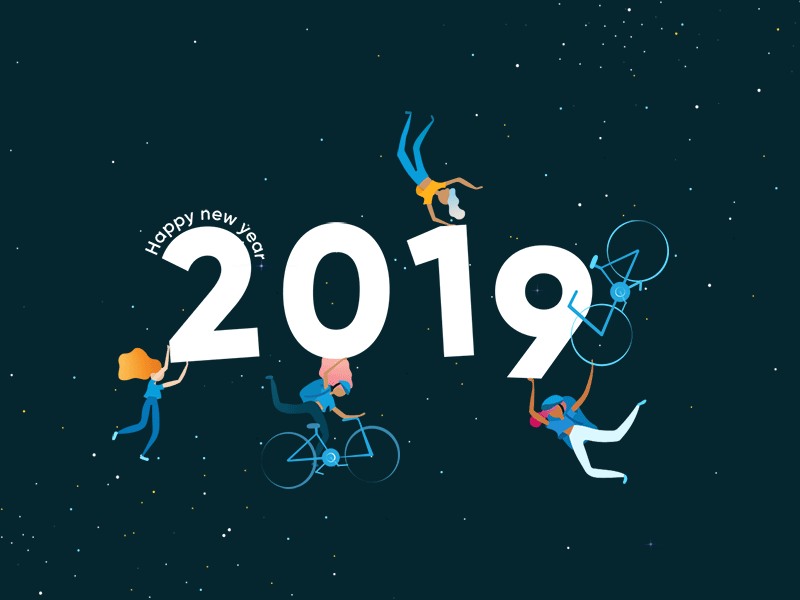 Happy New Year! 2019 animation bicycle bike card courier delivery galactic happynewyear illustration motion people space stars