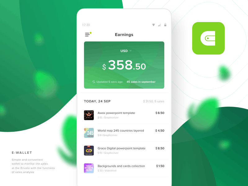 E-Wallet Android App add analytical android app business chart clean compare earnings money sales