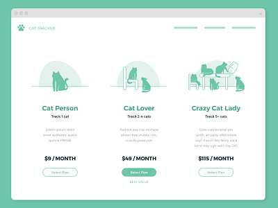 Daily UI | 030 cat crazy cat lady daily ui challenge dailyui dailyui 030 design desktop illustration pricing pricing page tracker ui web