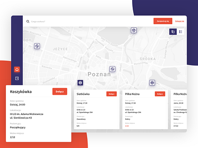 Sport Host cards clean dashboard interface map orange pins ui web webdesign