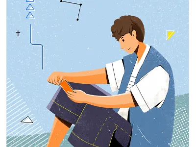 03 坐着 扁平插画 插图 男孩 看手机