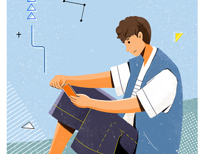 03 坐着 扁平插画 插图 男孩 看手机
