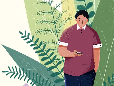 1 叶子 扁平插画 插画 男孩 看手机